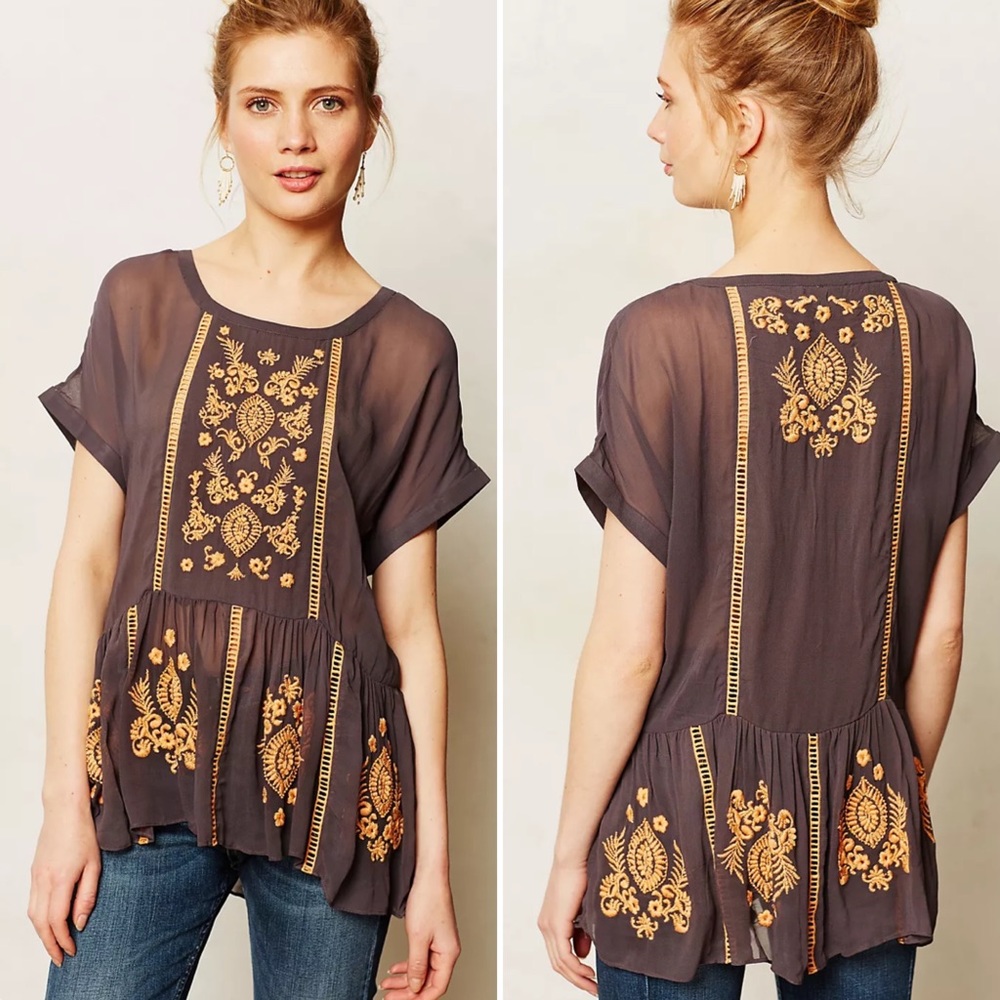 Anthropologie Gray Peplum Blouse with Gold Embroidery